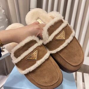 Prada Women's Brown and Cream Shearling Slippers